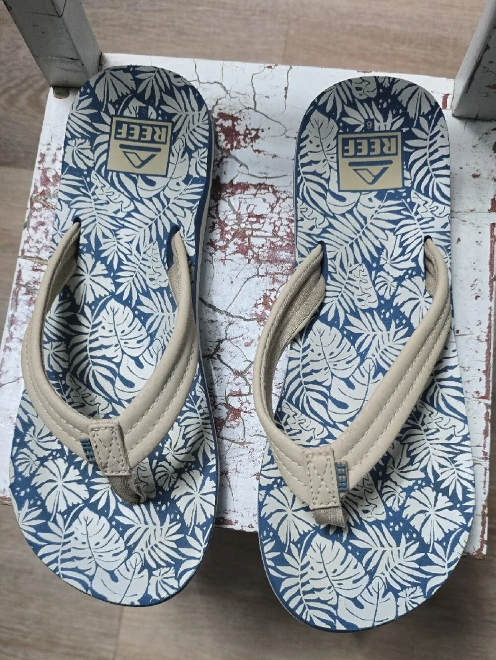 Reef Blue and Cream Tropical Leaf Flip Flops